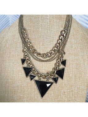 Multilayer Gold Tone 18" Necklace Black Faceted Triangle Dangle Accents